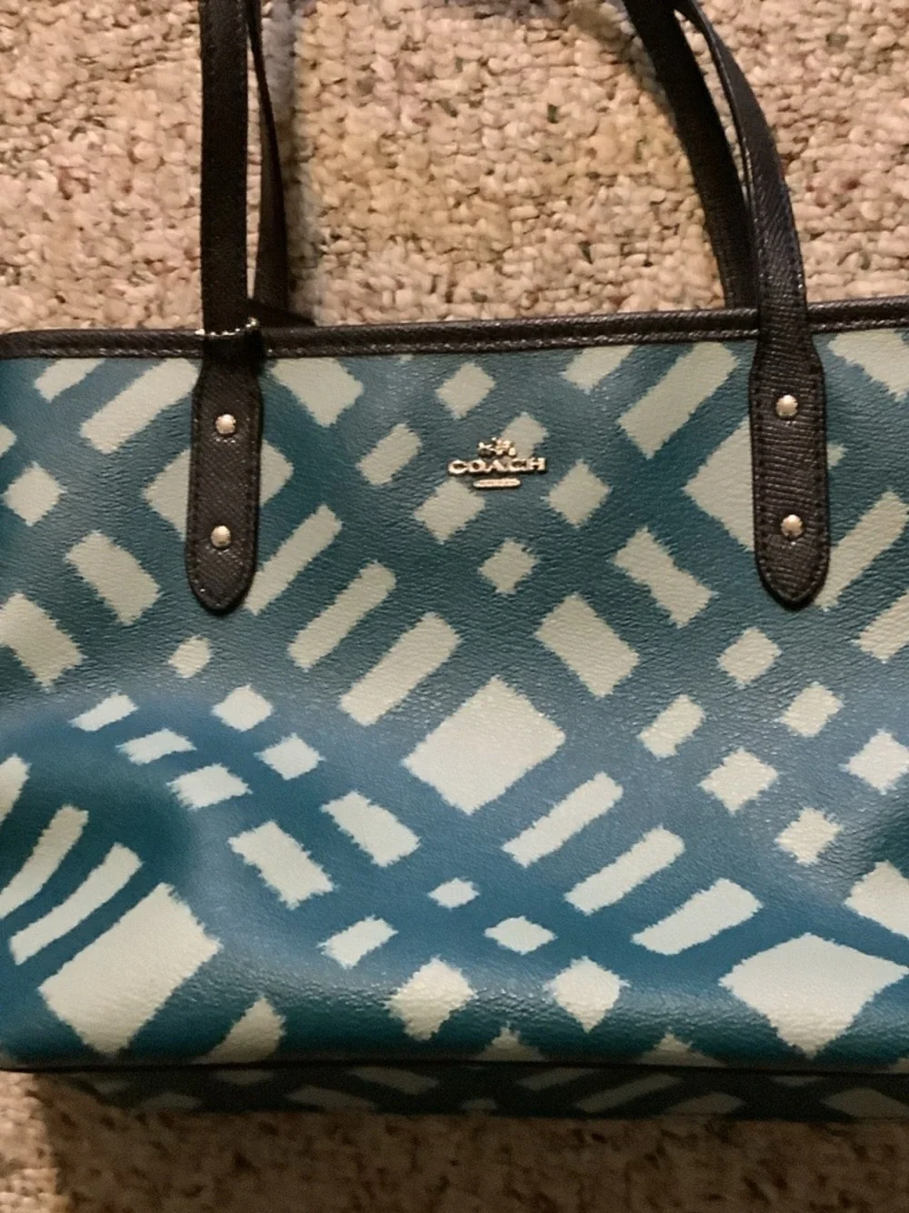 Coach Teal and Light Blue Patterned Tote with Black Straps,‎